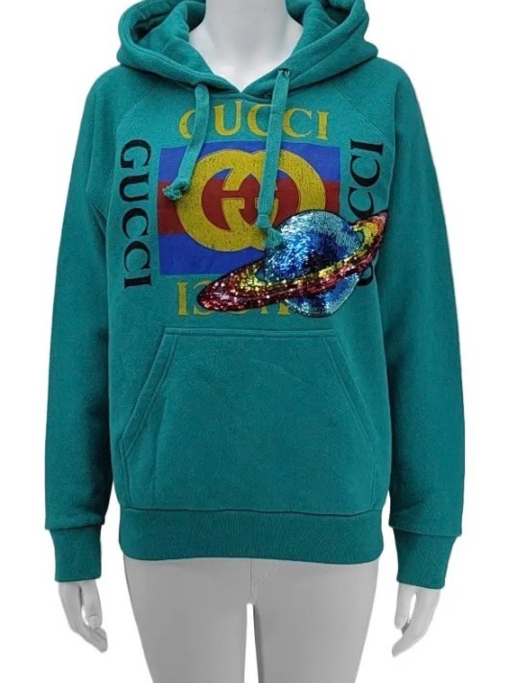Gucci Teal Crewneck Sweater with Multicolor Planet Applique